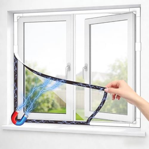 OWYR Adjustable Magnetic Fly Screen Window - DIY Fit Up to 150x180cm, Fiberglass Insect Mesh for Mosquito Net & Bug Screen, Full Frame Magnetic Strip Easy Installation (White Frame White Net)