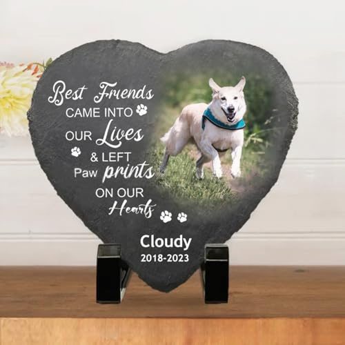 WEIYOUDP Piedra conmemorativa personalizada para mascotas con impresión fotográfica para perro, gato, placa de marcador de tumba, corazón de perro, piedra conmemorativa de jardín, pizarra con nombre