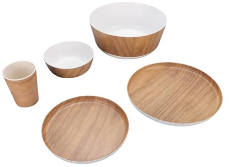 Tnfeeon Ensemble de Vaisselle en Mélamine, Conception de Grains en Bois élégant, Ensemble Complet pour Chaque Repas, Assiettes et Bols en Mélamine Durables, pour les Réunions de Famille et d'amis,
