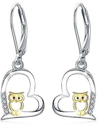 REDSUN Boucles d'oreilles hibou en forme de cœur en argent sterling 925 pour femme - Boucles d'oreilles pendantes en forme de chouette - Cadeau hypoallergénique pour filles, femmes, femmes, enfants