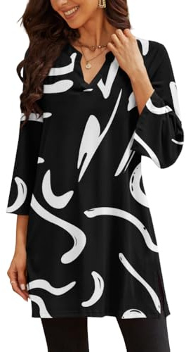 Poetsky Black Women's Peasant Dress Shirts for Work Tunics to Wear with Leggings Ethnic Blouses and Tops V Neck Boho Clothes 2026 Black & White M