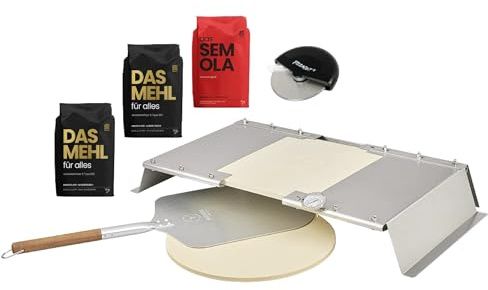 MOESTA-BBQ 19727 PizzaCover Flex Set 2 - Barbacoa de gas de acero inoxidable con pala para pizza, piedra para pizza, 1 kg Semola, 2 kg de harina
