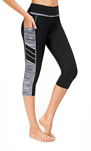 Flatik Damen Netzoberfläche Sport Gym Yoga Laufen Fitness Leggings Hose, Schwarz Grau(3/4 Capri), XL