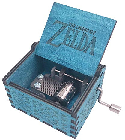 Spieluhr mit Handkurbel, geschnitztes Holz, Spieluhr mit Handkurbel, Song of Storms from Ocarina of Time, Blau