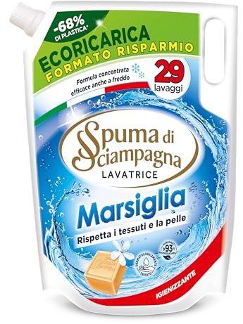 Spuma di Sciampagna - Detersivo Lavatrice Concetrato, Sapone di Marsiglia, Formula Concentrata Efficace Anche a Freddo, Igienizzante con 93% di Ingredienti Biodegradabili - 1305 ml, 29 Lavaggi