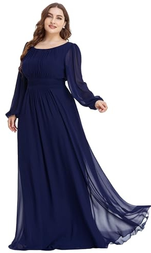 Ever-Pretty Robe Demoiselle d'honneur Femme Longue Manches Longues Col Rond Mousseline Chic Bleu Marine 38