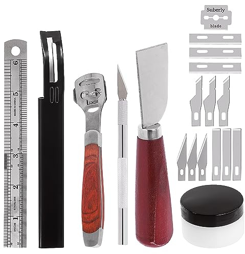 Swpeet - Juego de 22 piezas de piel metálica, incluyendo cuchillo de corte de cuero, regla, cuchillo de talla