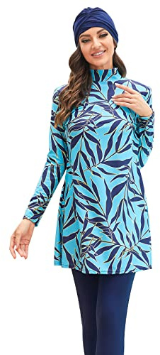 Odizli Mujer Musulmana Manga Larga Estampado Tops + Pantalones + Gorro de Natación 3 Piezas Burkini Traje de Baño de Cuerpo Completo, Sky Blue #A, XL