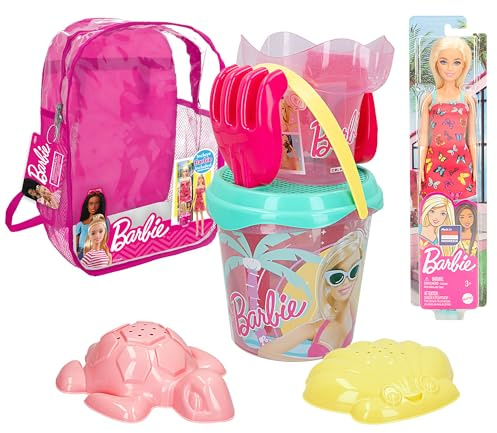 ColorBaby 77387 Barbie Set de Plage pour Enfant avec Pelle, râteau, arrosoir et Accessoires, Sac à Dos de Plage pour Enfants, Sac à Dos avec Jouets
