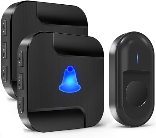 SURFOU Campanello Wireless Senza Fili da Esterno con Batteria, 300M Distanza Impermeabile,55 Suonerie includere il Natale 5 Volumi Selezionabili per gli Anziani 2 Casa interno Ricevitore Nero