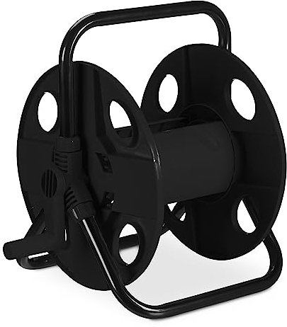 Relaxdays Schlauchtrommel, für 30 m 1/2 Schlauch, Stahl, Kunststoff, Schlauchhalter, HxBxT: 38 x 42 x 31 cm, schwarz