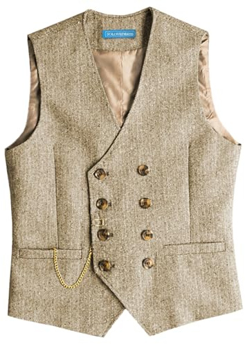 Solovedress Gilet da uomo vintage in tweed, doppiopetto, per matrimonio, Champagne, XS