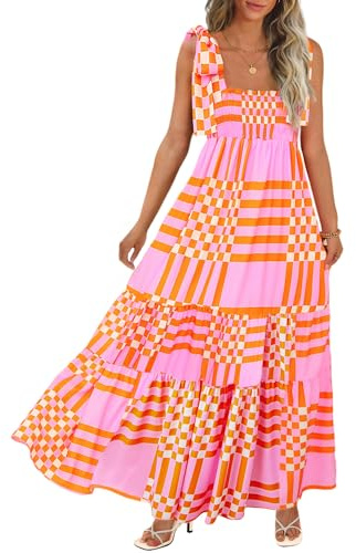 Women's Summer Maxi Dress Boho Spaghetti Straps Casual Long A-line Smocked Beach Dress Square Neck Flowy Sun Dresses Green A-Pink M