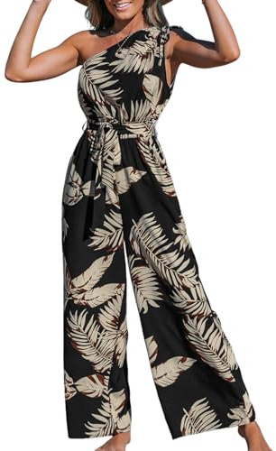 CUPSHE Women's Jumpsuit One Shoulder Sleeveless Overalls Drawstring Tropical Wide Leg Playsuit with Belt Summer Loose Trouser Suit, Black print, M