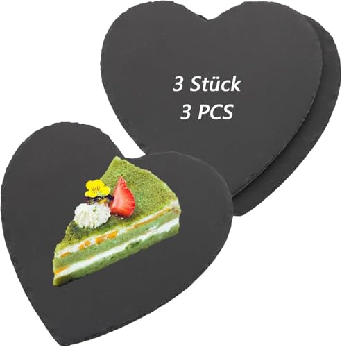 Oungy Lot de 3 plateaux en ardoise en forme de cœur - 20 x 20 cm - Plateaux de service en ardoise pour servir et écrire - Cœur en ardoise pour amuse-bouches, fromages, desserts et plus encore