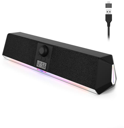 SOULION R80 PC Lautsprecher, USB-betrieben Computer Lautsprecher, Bluetooth PC Soundbar mit LCD Digitaluhr, Bunte Lichter Boxen für Desktop, Laptop, Tablets, Smartphone