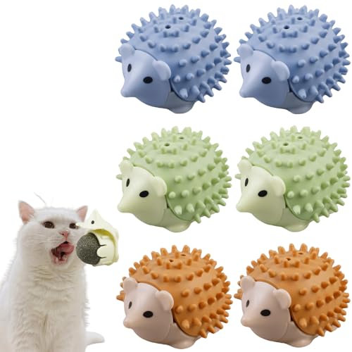 BAIFULAI Katzenminze Ball, 6pcs Katzenminze Spielzeug, Catnip Ball, Katzenminze Wandroller für Katzenlecken, Zahnreinigung Dentales essbares Kätzchenspielzeug mit Aufbewahrungsdeckel(Igel-Typ)