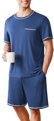 Ekouaer Men's Pajamas Set Soft Sleepwear lightweight 2 Piece Shorts Set Casual Loungewear,Blue,M