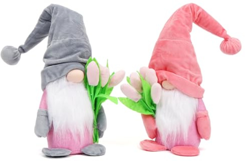O-Kinee 2 gnomi primaverili con tulipani, mazzi di fiori, gnomi, decorazione primaverile, dolce gnomo primaverile, grande primavera, gnomo, tulipani, regalo per donne, mamma, festa della mamma, gnomo