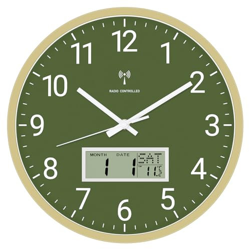 Foxtop Orologio da parete radio digitale e analogico, 30 cm, con display LCD, orologio radio digitale con temperatura, data, giorno della settimana, orologio da cucina silenzioso per soggiorno, cucina