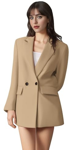 AGYMNX Women Blazer Elegant Jacket Suit Open Front Cardigan Lightweight Double Breasted with Pockets Office Business Meeting Spring Autumn Basic Casual Slim Fit S-L Khaki L