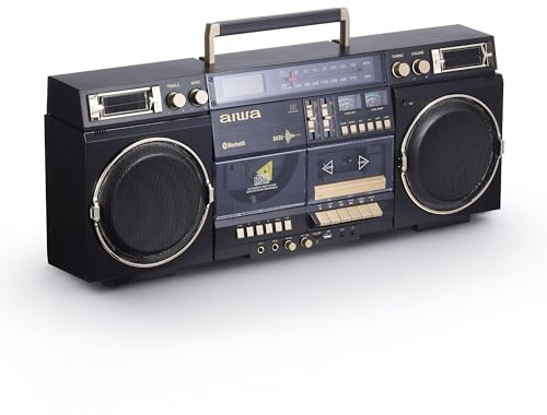 aiwa Retro Boombox lettore CD con registrazione a cassetta, Bluetooth 5.0, radio FM/AM, ingressi USB/SD/AUX, VU Meter, display LCD, doppio altoparlante da 40 W, nero/oro