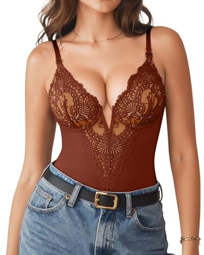 Popilush Bodysuits for Women Tummy Control Lace Shapewear V Neck Sleeveless Bodysuit Tops Low Back Body Suit
