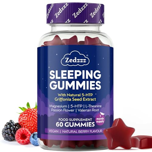 Zedzzz Sleep Gummies | Natural Sleep Support 5-HTP, Magnesium, L-Theanine & Valerian Root, Herbal Extracts | Vegan | No Artificial Sweeteners | Berry Flavour | 60 Count