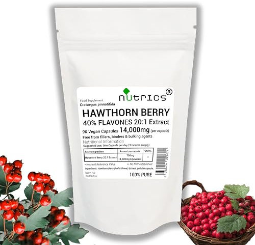 Nutrics® 14,000mg (per Capsule) Hawthorn Berry Extract 90 V Capsules - 40% FLAVONES Strong One A Day - 100% Pure - Free from fillers, Binders & Bulking Agents (90 V Capsules (3 Months Supply))