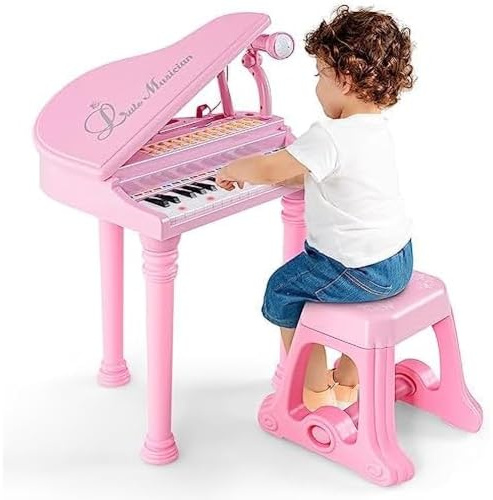 BAKAJI Pianoforte per Bambini con 31 Tasti, Tastiera Musicale con Sgabello e Microfono Regolabile, Giocattolo con Musica Multifunzione, Gioco Educativo con Seduta, Idea Regalo (Rosa)