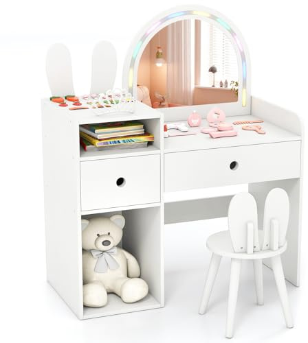 COSTWAY Kids Dressing Table, Girls Vanity Set with Lighted Mirror, Drawers & Storage Compartments, Make Up Pretend Dresser Desk Chair Set for Playroom Bedroom (White)