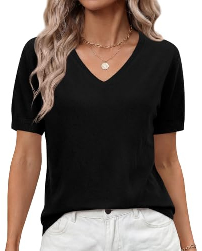 Elesomo Pull d'été en tricot à manches courtes et col en V pour femme