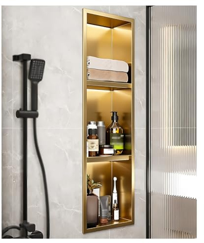 Zfmnoyev Recessed LED Shower Niche, Stainless Steel Shower Niche, Waterproof No Tile Needed, 2/3/4 Shelves - Wall Cabinet for Bathroom Storage and Home Decor(Gold,700x280x125mm)