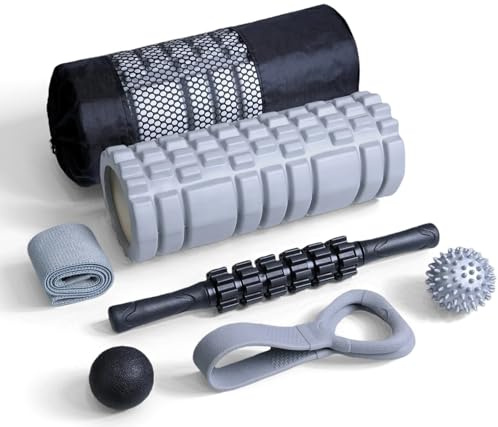 7-in-1 High Density Trigger Point Foam Roller Set with Muscle Roller Stick | Massage Ball | Spiky Ball | Resistance Band | Stretch Band | Full Body Recovery & Deep Tissue Massage
