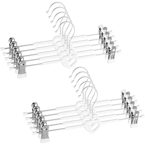 Paquete de 10,Perchas Pantalones Ahorra Espacio, Perchas para Pantalones 30cm, Perchas para Faldas, Perchas Antideslizantes, con Clips Ajustables, para Ropa, Faldas, Calcetines (Blanco)