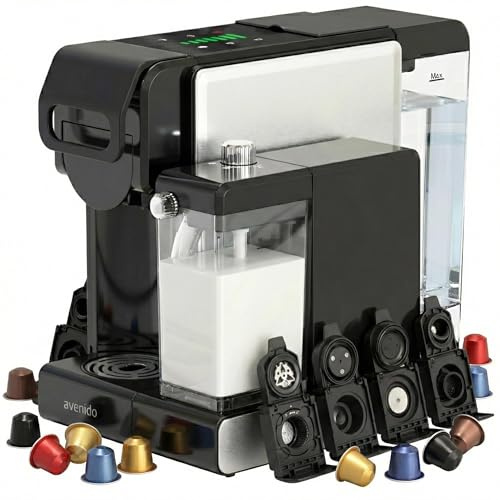 avenido Macchina da caffè, macchina espresso multicapsula con montalatte, potenza 2850 W, pressione 19 bar e 7 adattatori, acciaio inox
