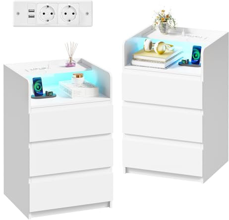 ANWBROAD Comodino Con Presa Elettrica Illuminazione a Striscia LED,3 Cassetti e 1 Ripiano Comodino Moderno Tavolino Tavolino da Camera da Letto Tavolino da Salotto (2, Bianco) BNS014W