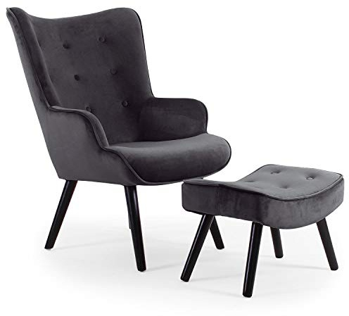 Menzzo Fauteuil + Pouf Scandinave LYLOU – Velours Noir – Siège Confortable avec Dossier Haut + Repose‑Pieds – Style Nordique Moderne