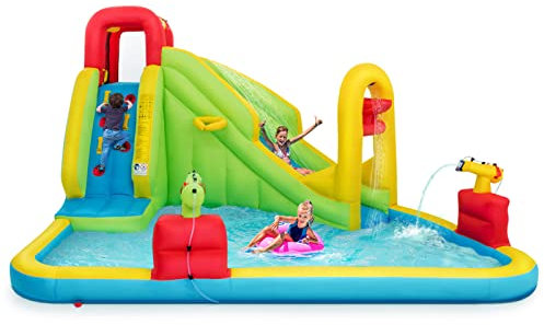 GYMAX Bouncy Castle Water, Inflatable Water Park Slide with Climbing Wall, Water Gun, Basketball Rim, Splash Pool, Including Carry Bag, Repairing Kit, Stakes (Short Slide)