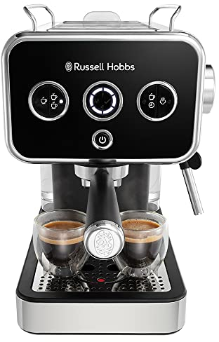 Russell Hobbs Cafetera Espresso Distinctions Black - Presión 15 Bares, Café Molido o Cápsulas ESE, Calentador de Termobloque, Calientatazas, Varilla de Vapor Giratoria, Acero Inox., Negro - 26450-56