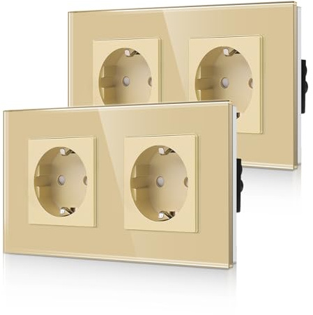 CNBINGO - Juego de 2 enchufes dobles de cristal empotrados en color dorado, enchufe Schuko doble con seguridad para niños, 16 amperios, protección de contacto, enchufe de pared con marco de cristal