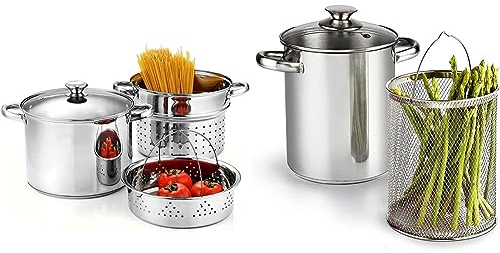 Cook N Home 4-Piece 8 Quart Multipots, Stainless Steel Pasta Cooker Steamer & Deep Fry pan Vegetable Asparagus Steamer Pot,4 Quart, stainless Steel