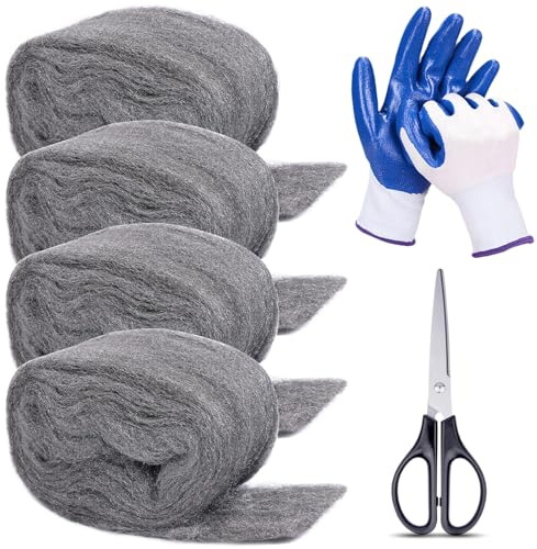 Apalie 4Pack Steel Wool for Mice Control 3.2 x10.5 ft Wool, Gap Filler for Home & Garage, DIY Bundle with Gloves & Scissors