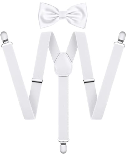AOOWU Hosenträger für Herren, Breit 2.5 cm mit sehr Starken 3 Metall Clip, 2er Set mit farblich passender Fliege, Einstellbar und Elastisch Einheitsgröße für Männer und Damen, X Style (Weiß)