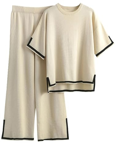 Famulily Soft Lounge Sets Oversized Casual Short Sleeve Knit Pullover Tops Wide Leg Pants Tracksuit BegieM