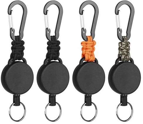 Levateeta Retractable Keychain Heavy Duty Carabiner Badge Holder Retractable Badge Reel ID Holder Steel Cord and Paracord Extendable Key Ring 4 Pack