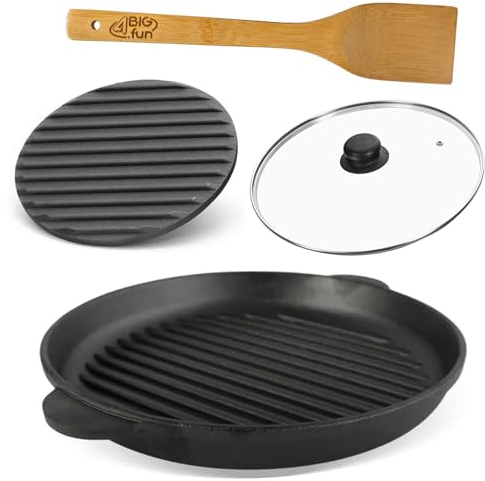 4BIG.fun Sartén de hierro fundido de 30 cm de diámetro con tapa de presión, espátula de cristal, 2 asas, sartén para servir, parrilla