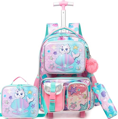HTgroce Mochila trolley con 2 ruedas, para niñas, con motivo de sirena, como maleta de mano, carro escolar y mochila infantil