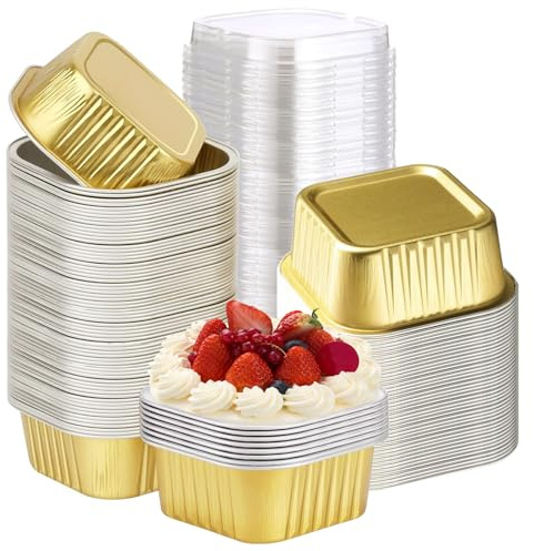 SXCCNW Mini Loaf Tins, 50pcs Foil Cake Trays with Lids, Mini Loaf Cake Cases, Tin Foil Baking Pans for Wedding Picnic or Birthday