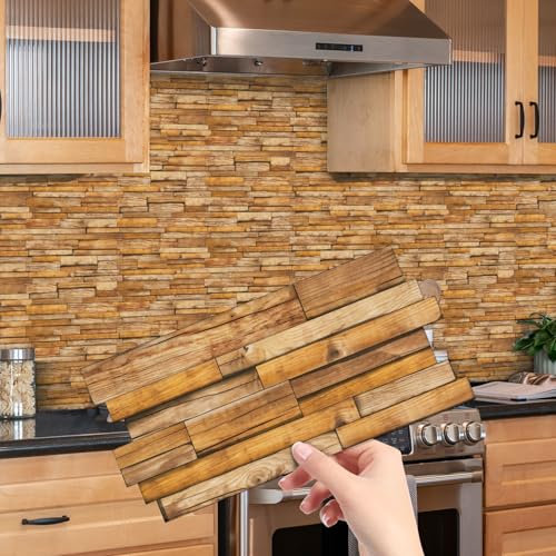 12 Sheets Wood Effect Tile Stickers, Peel and Stick on Wall Tiles for Kitchen Bathroom, Vinyl Self Adhesive Wall Tile Covers Transfers Waterproof (Natural)